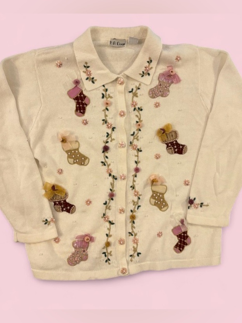 Vintage B.P. Designs Cream & Pink Christmas Stocking Cardigan Sweater Size XL